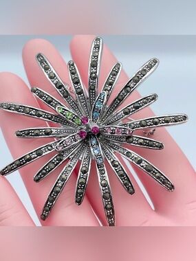 Stunning Starburst Fireworks Brooch with Multi-Colored Rhinestones, Silver Tone